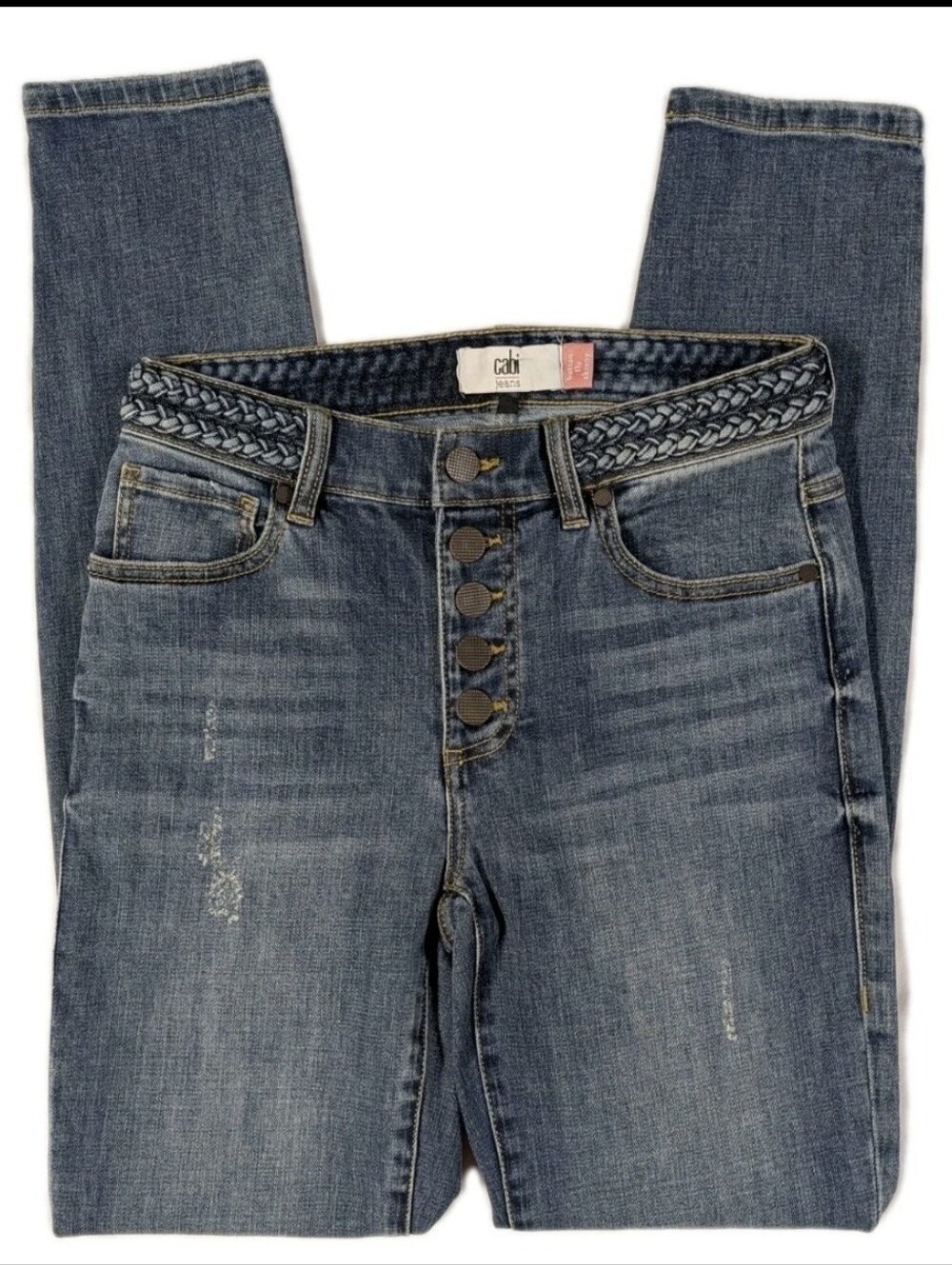Cabi Womens Size 2 Button Fly Skinny Jeans Medium Wash Braided Trim Denim